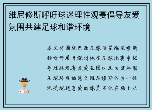 维尼修斯呼吁球迷理性观赛倡导友爱氛围共建足球和谐环境